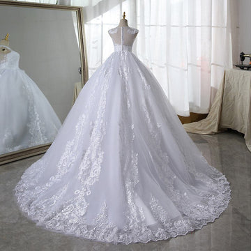 Runhufu White Lace Wedding Dress With Train Sleeveless Bridal Dress Back Zipper Ball Gown Luxury Vestido De Noiva Robe De Mariee